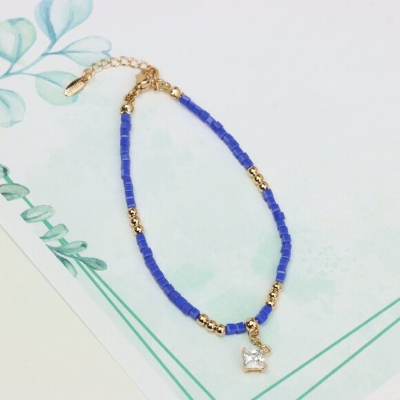 Elegant Rose Gold Bracelet with Blue Beads and Sparkling Charm, XPBL0634 - Picture 3 of 12